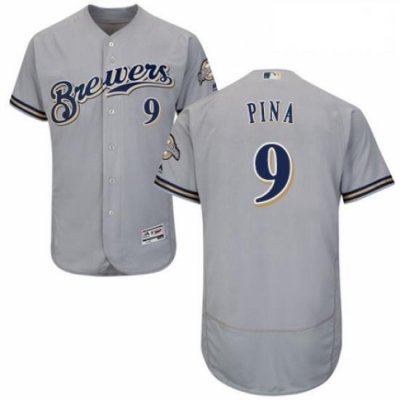 Mens Majestic MilWaukee BreWers 9 Manny Pina Grey Road Flex Base Authentic Collection MLB Jersey