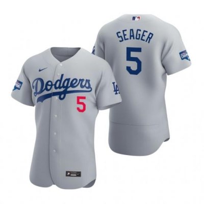 Men Los Angeles Dodgers 5 Corey Seager Gray 2020 World Series Champions Flex Base Jersey