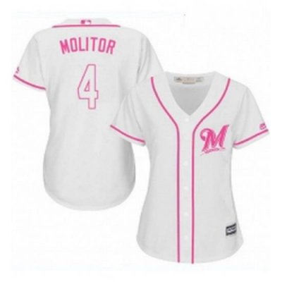 Womens Majestic Milwaukee Brewers 4 Paul Molitor Replica White Fashion Cool Base MLB Jersey