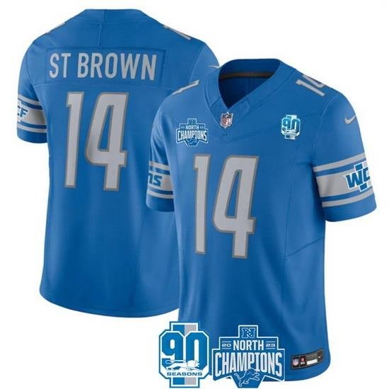 Men Detroit Lions 14 Amon Ra St  Brown Blue 2023 F U S E  NFC North Division Champions Vapor Untouchable Limited Stitched Jersey