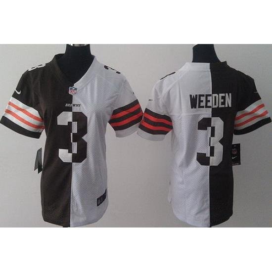 Women Nike Cleveland Browns 3 Brandon Weeden White Brown Split NFL Jerseys