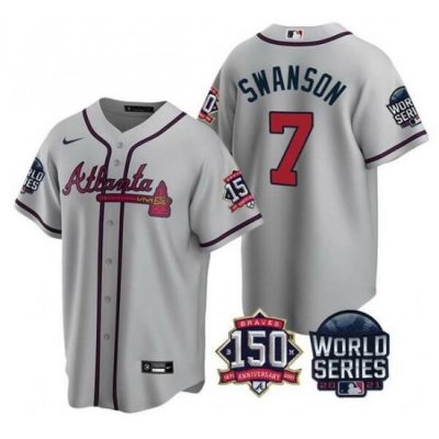 Men Atlanta Braves 7 Dansby SWanson 2021 Gray World Series With 150th Anniversary Patch Cool Base Stitched Jersey