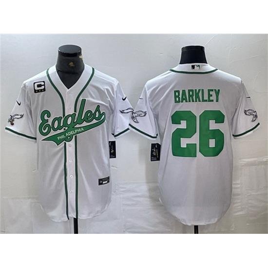 Men Philadelphia Eagles 26 Saquon Barkley White With 3 star C Patch Cool Base Baseball Stitched Jerseys