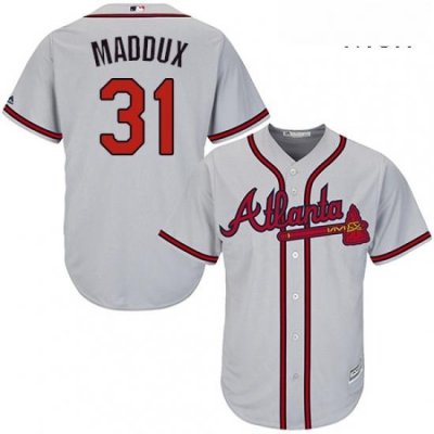 Mens Majestic Atlanta Braves 31 Greg Maddux Replica Grey Road Cool Base MLB Jersey