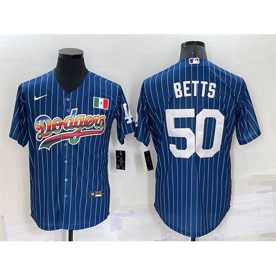 Men Los Angeles Dodgers 50 Mookie Betts Navy Mexico RainboW Cool Base Stitched Baseball Jersey