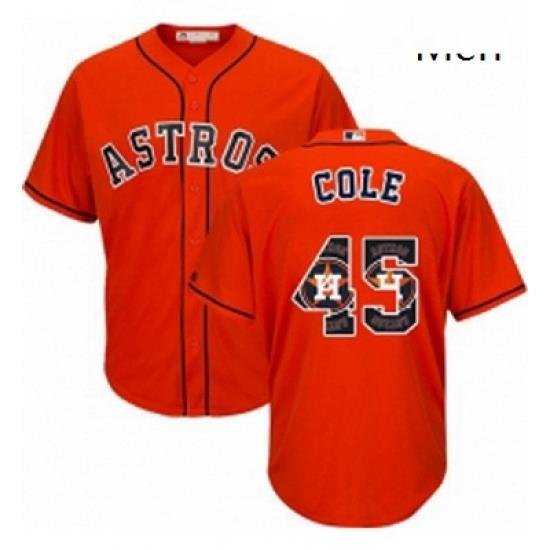 Mens Majestic Houston Astros 45 Gerrit Cole Authentic Orange Team Logo Fashion Cool Base MLB Jersey