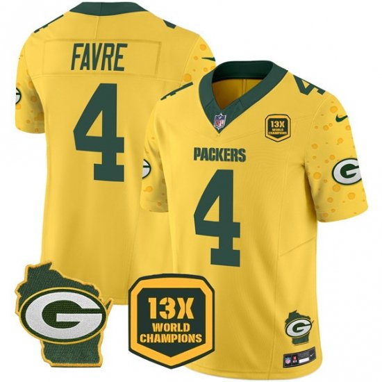 Men Green Bay Packers 4 Brett Favre Cheese Gold 2024 F U S E  13 Time World Champions And Home Patch Vapor Untouchable Limited Stitched Football Jersey