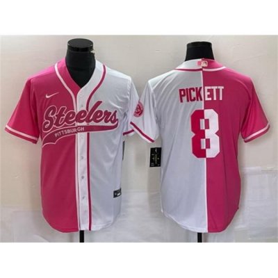 Men Pittsburgh Steelers 8 Kenny Pickett White Pink Split Cool Base Stitched Baseball Jersey