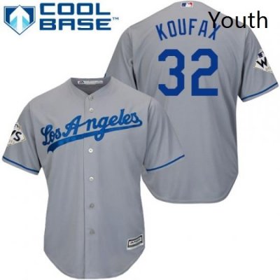 Youth Majestic Los Angeles Dodgers 32 Sandy Koufax Replica Grey Road 2017 World Series Bound Cool Base MLB Jersey