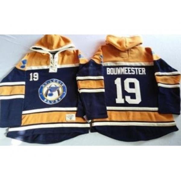 St. Louis Blues 19 Jay Bouwmeester Navy Blue Gold Sawyer Hooded Sweatshirt Stitched Jersey