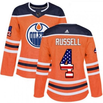 Womens Adidas Edmonton Oilers 4 Kris Russell Authentic Orange USA Flag Fashion NHL Jersey