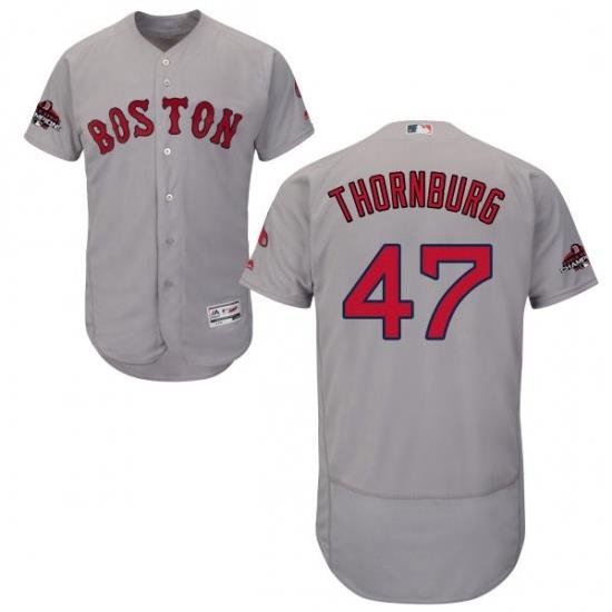 Mens Majestic Boston Red Sox 47 Tyler Thornburg Grey Road Flex Base Authentic Collection 2018 World Series Jersey