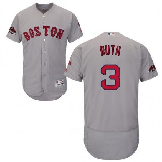 Mens Majestic Boston Red Sox 3 Babe Ruth Grey Road Flex Base Authentic Collection 2018 World Series Jersey