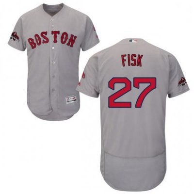 Mens Majestic Boston Red Sox 27 Carlton Fisk Grey Road Flex Base Authentic Collection 2018 World Series Jersey