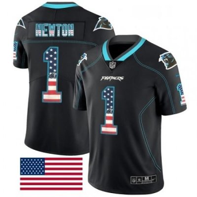 Mens Nike Carolina Panthers 1 Cam NeWton Limited Black Rush USA Flag NFL Jersey