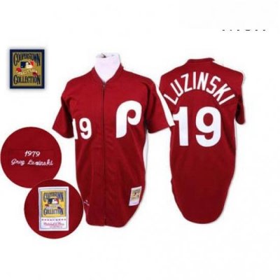 Mens Mitchell and Ness Philadelphia Phillies 19 Greg Luzinski Authentic Red Throwback MLB Jersey