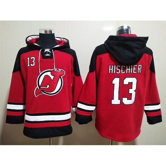 Men New Jersey Devils 13 Nico Hischier Red Stitched Hoody