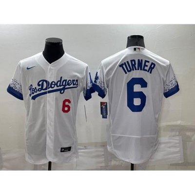 Men Los Angeles Dodgers 6 Trea Turner 2021 White City Connect Flex Base Stitched Baseball Jersey