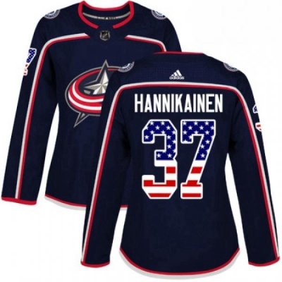 Womens Adidas Columbus Blue Jackets 37 Markus Hannikainen Authentic Navy Blue USA Flag Fashion NHL Jersey