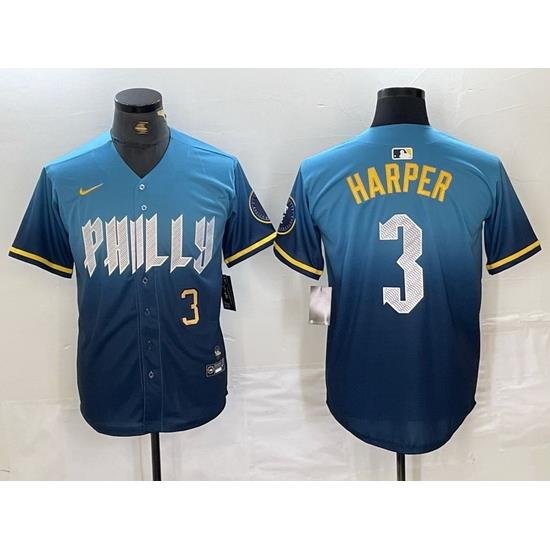 Men Philadelphia Phillies 3 Bryce Harper Blue 2024 City Connect Limited Stitched Jersey 5