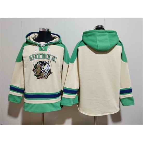 Men North Dakota Fighting Hawks Blank Cream Green Lace Up Pullover Hoodie