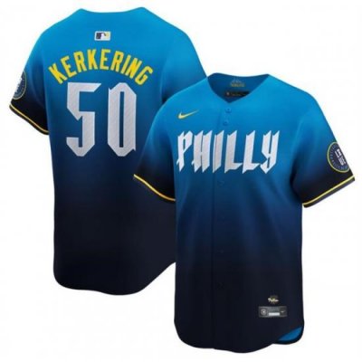 Men Philadelphia Phillies 50 Orion Kerkering Blue 2024 City Connect Limited Stitched Jersey