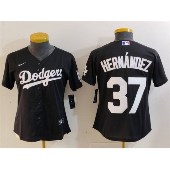 Women Los Angeles Dodgers 37 Teoscar Hern E1ndez Black Stitched Jersey