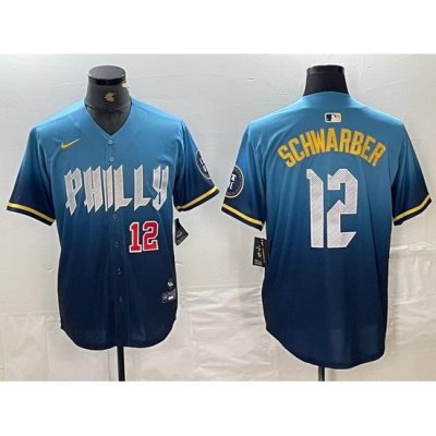 Men Philadelphia Phillies 12 Kyle SchWarber Blue 2024 City Connect Limited Stitched Jersey 2