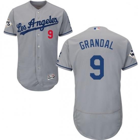 Mens Majestic Los Angeles Dodgers 9 Yasmani Grandal Authentic Grey Road 2017 World Series Bound Flex Base Jersey