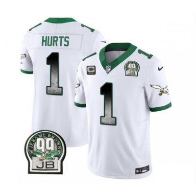 Men Philadelphia Eagles 1 Jalen Hurts White 2023 F U S E  With 3 Star C Patch Throwback Vapor Untouchable Limited Stitched Football Jersey