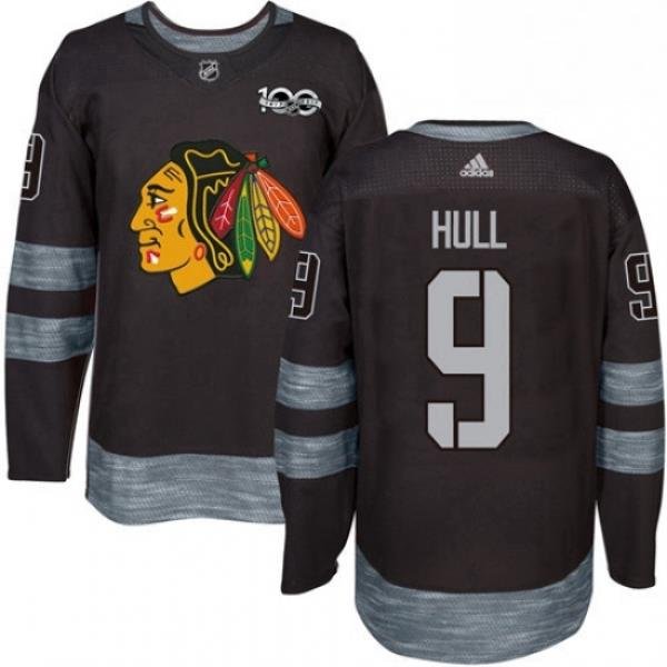 Mens Adidas Chicago Blackhawks 9 Bobby Hull Authentic Black 1917 2017 100th Anniversary NHL Jersey