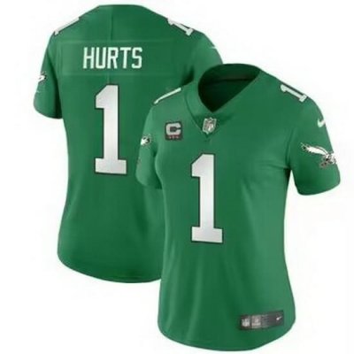 Women Philadelphia Eagles 1 Jalen Hurts Green Gold Vapor Limited Stitched Football Jersey