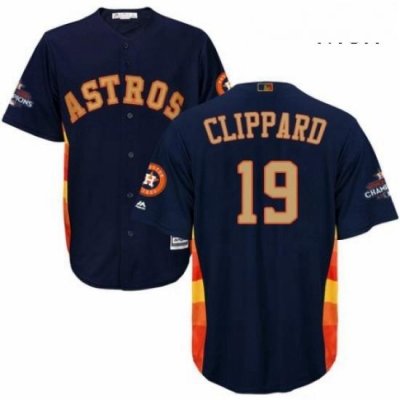 Mens Majestic Houston Astros 19 Tyler Clippard Replica Navy Blue Alternate 2018 Gold Program Cool Base MLB Jersey