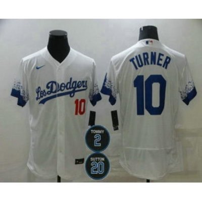 Men Los Angeles Dodgers 10 Justin Turner White 2 20 Patch City Connect Flex Base Stitched Jersey