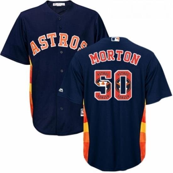 Mens Majestic Houston Astros 50 Charlie Morton Authentic Navy Blue Team Logo Fashion Cool Base MLB Jersey