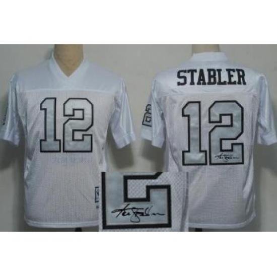 Oakland Raiders 12 Ken Stabler White Silver Number Throwback M&N Signed NFL Jerseys