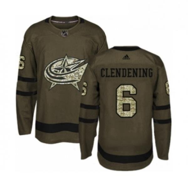 Mens Adidas Columbus Blue Jackets 6 Adam Clendening Authentic Green Salute to Service NHL Jersey