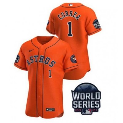 Men Houston Astros 1 Carlos Correa 2021 Orange World Series Flex Base Stitched Baseball Jersey