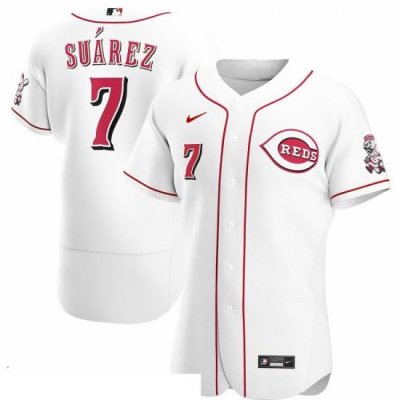 Men Cincinnati Reds 7 Eugenio Suarez Men Nike White Home 2020 Flex Base Player MLB Jersey