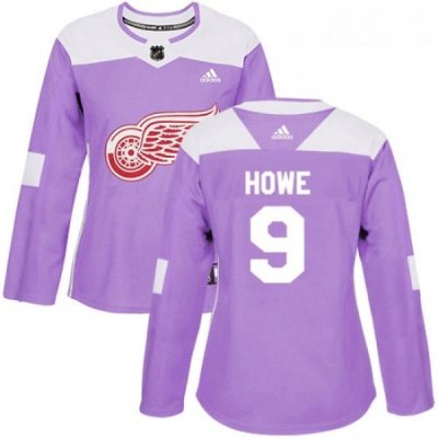 Womens Adidas Detroit Red Wings 9 Gordie Howe Authentic Purple Fights Cancer Practice NHL Jersey