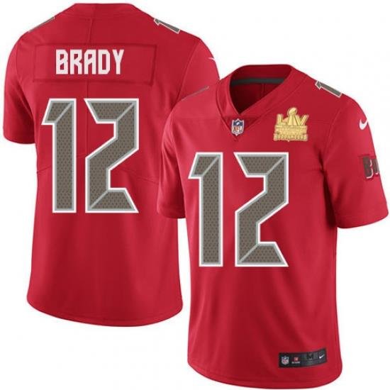 Men Nike Tampa Bay Buccaneers 12 Tom Brady Red Men Super Bowl LV Champions Patch Stitched NFL Limited Rush Jersey