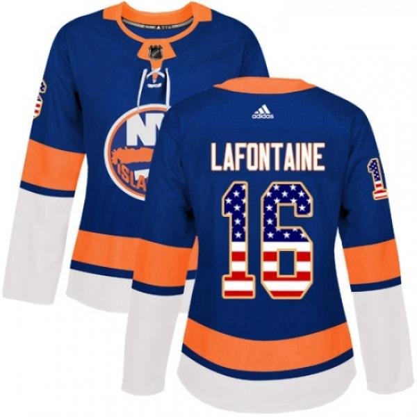 Womens Adidas New York Islanders 16 Pat LaFontaine Authentic Royal Blue USA Flag Fashion NHL Jersey