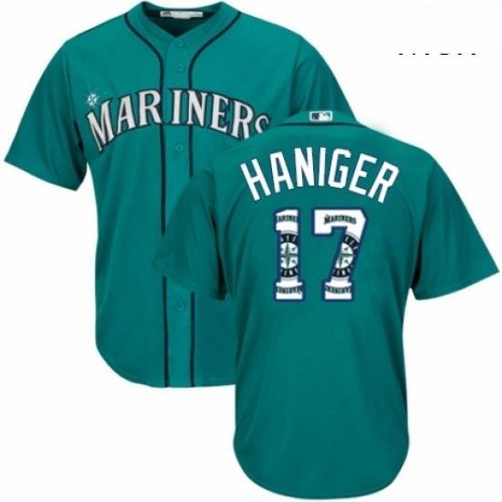 Mens Majestic Seattle Mariners 17 Mitch Haniger Authentic Teal Green Team Logo Fashion Cool Base MLB Jersey