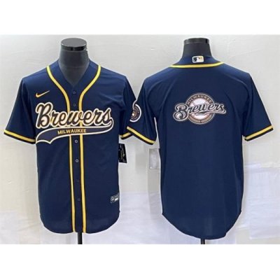 Men Milwaukee Brewers Navy Team Big Logo Cool Base Stitched Jersey