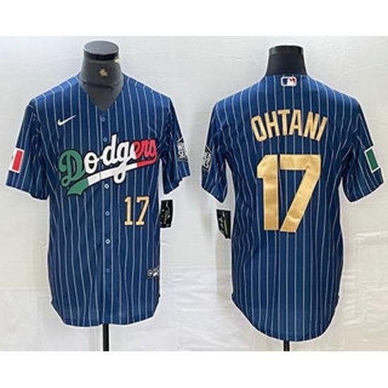 Men Los Angeles Dodgers 17 Shohei Ohtani Number Mexico Blue Gold Pinstripe Cool Base Stitched Jersey