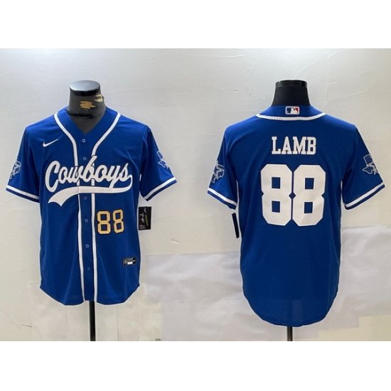 Men Dallas Cowboys 88 CeeDee Lamb Royal With Patch Cool Base Stitched Baseball Jersey 1