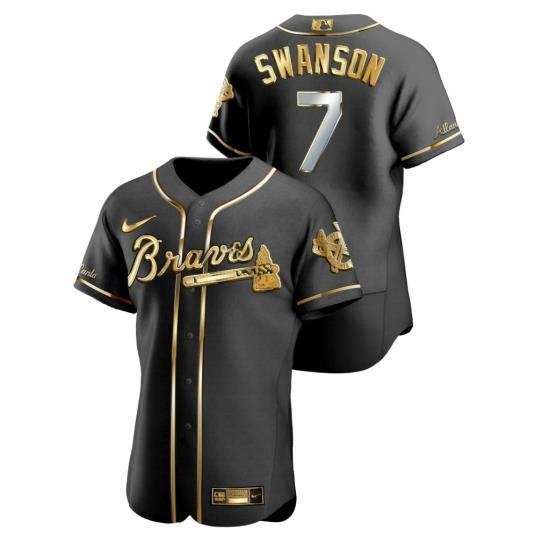 Men Atlanta Braves 7 Dansby SWanson Black Gold 2020 Nike Flexbase Jersey