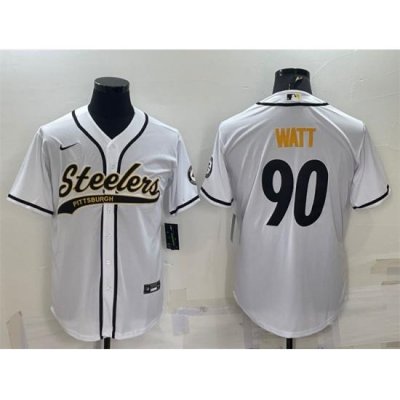 Men Pittsburgh Steelers 90 T J  Watt White With Patch Cool Base Stitched Baseball Jersey