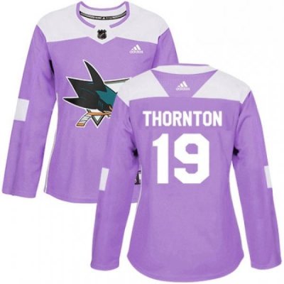 Womens Adidas San Jose Sharks 19 Joe Thornton Authentic Purple Fights Cancer Practice NHL Jersey