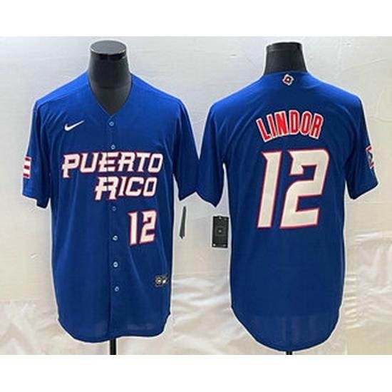 Men's Puerto Rico Baseball #12 Francisco Lindor Number 2023 Royal World Classic Stitched Jersey